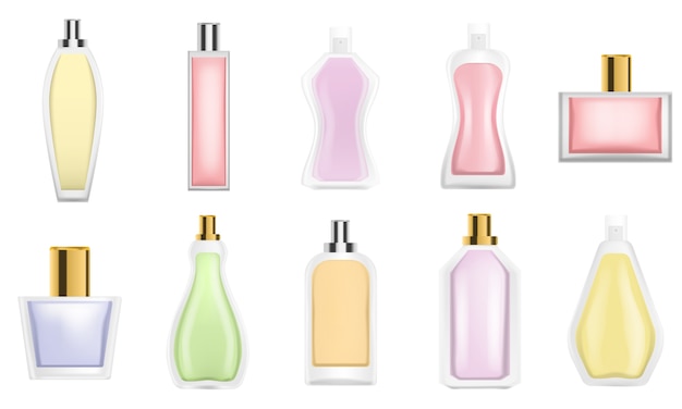 Vector fragrance bottles icon set, realistic style