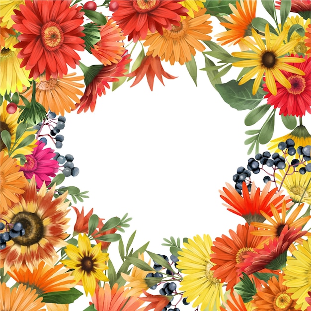 Frame border of autumn gerbera daisies asters fall berries and sunflowers