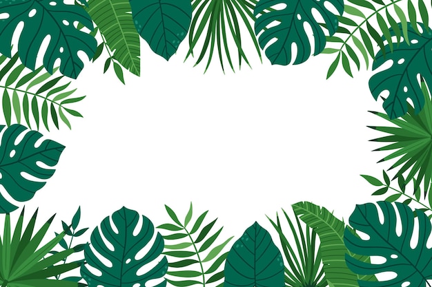 A frame of bright tropical plants Handdrawn leaves of monstera and palm trees