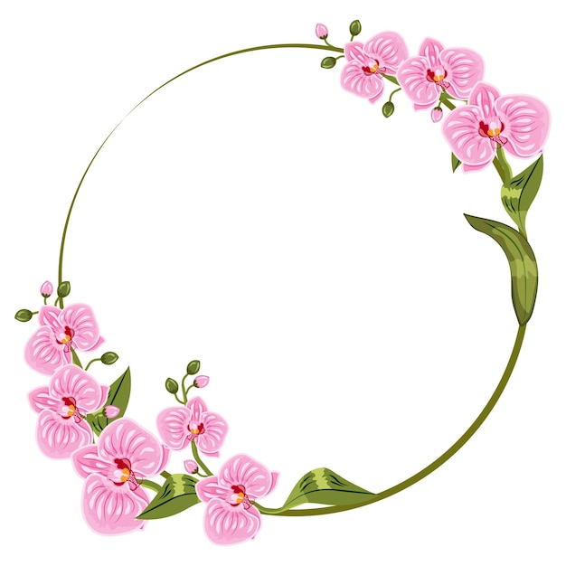 Frame design from pink orchid flowers with leaves on a white background