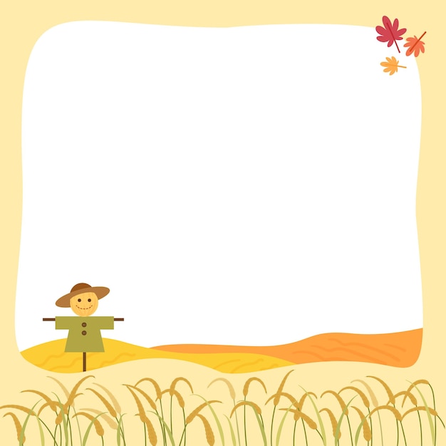 Frame design with Scarecrow and grain ripening autumn scenery.