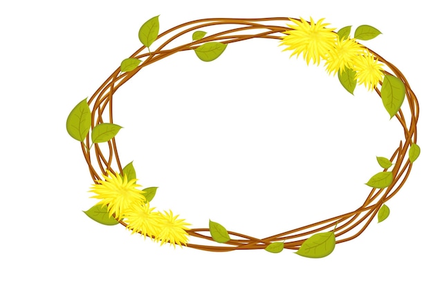 Frame from wood branch with leaves spring garland from sticks cute decoration in cartoon style