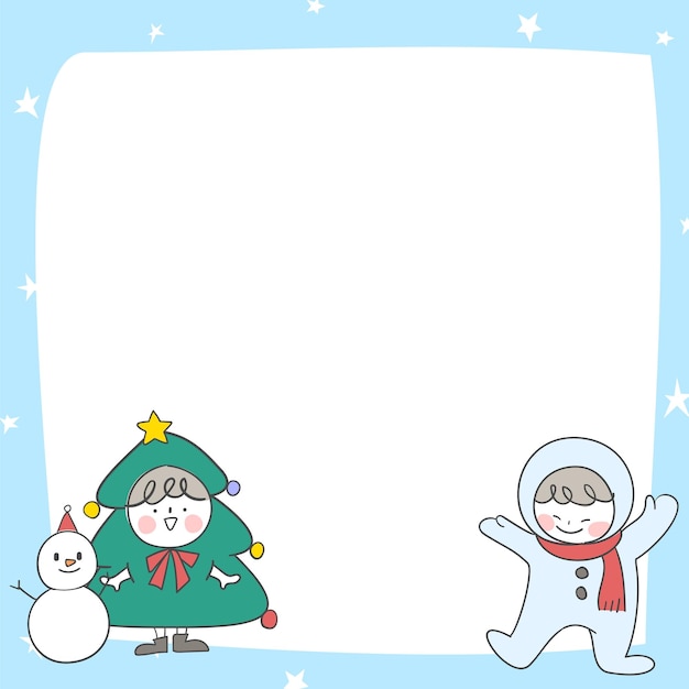 A frame illustration with a snowman and a tree decorated with a Christmas concept.