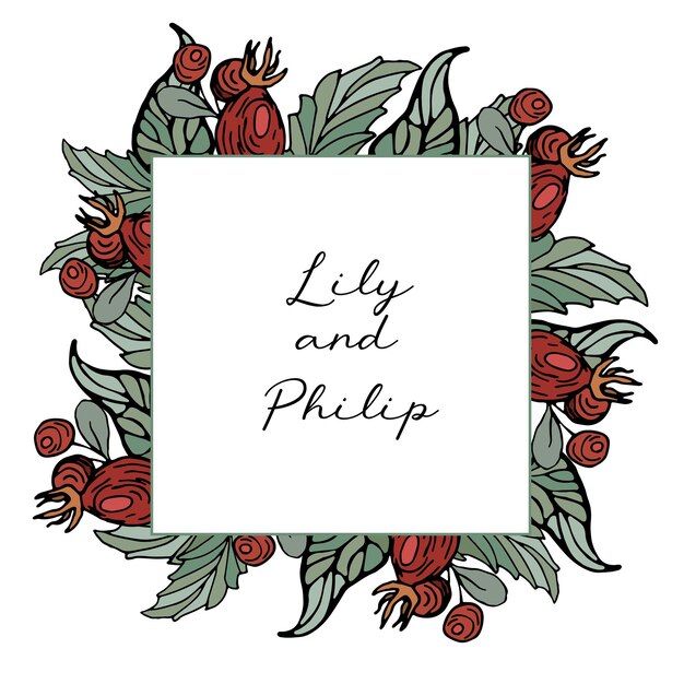 Vector frame made of bright rose hips and leaves for cards, wedding invitations, save the date.