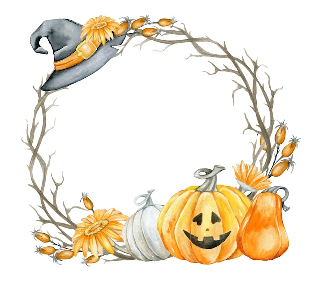 Frame made of dry twigs pumpkin shtyap flowers Watercolor clipart on an isolated background for the Halloween holiday