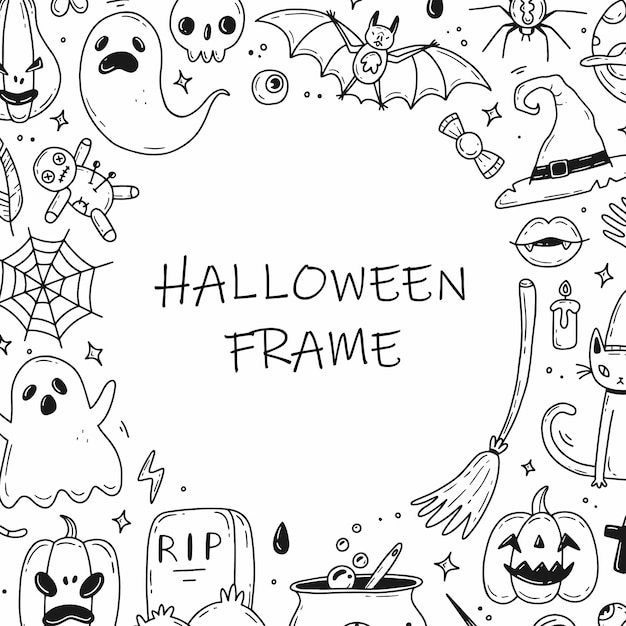 Frame made of Halloween doodle elements A set of Halloween doodles Vector illustration