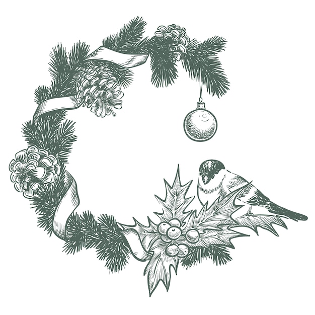 Frame for the new year, with fir branches, bird and cones