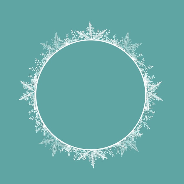 Frame. Round white frame made of snowflakes. Perfect for decorating social networks, photos and text. Christmas frame. Vector.