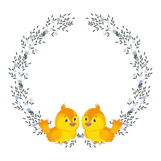 Frame of small flowers and scattered leaves with little cute chickens. Easter frame, spring