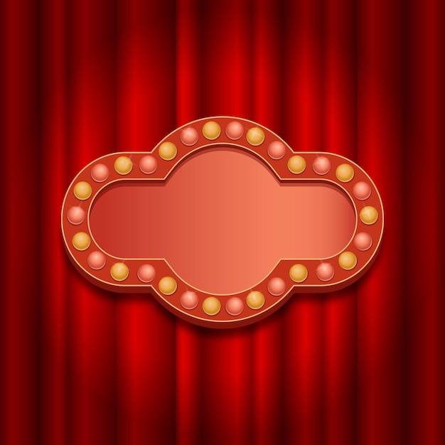 Frame template in retro style with bulbs on the background of a red curtain Banner for circus casino