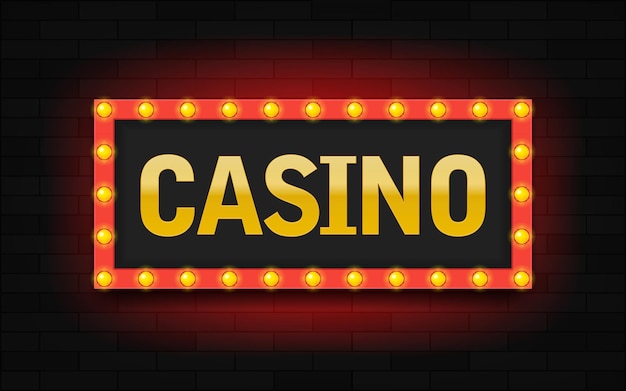 Frame with bulbs and neon lights on brick wall in casino. Modern illustration. Billboard or signboard for casino.