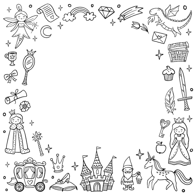 Frame with cute fairytale and magic objects