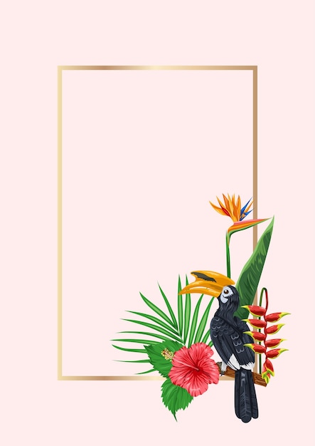 Frame with hornbill and tropical plants illustration