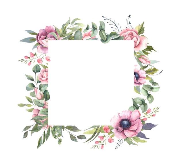 Frame  with pink flower bouquets, leaves.