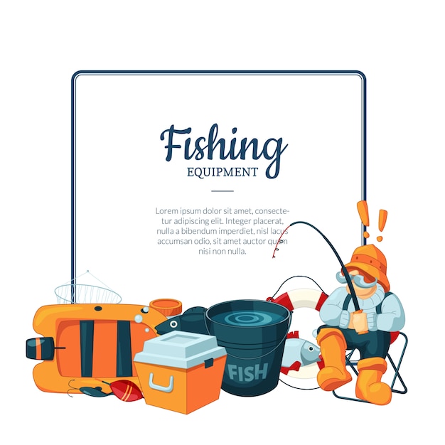 frame with place for text and with cartoon fishing equipment below illustration