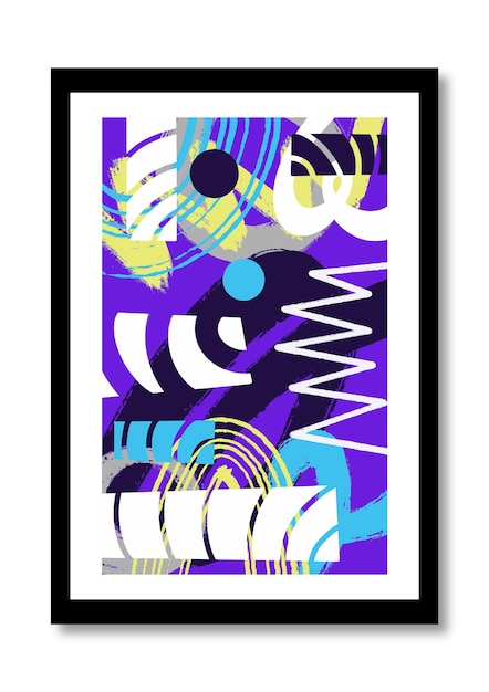 A framed art print of a blue and yellow abstract design