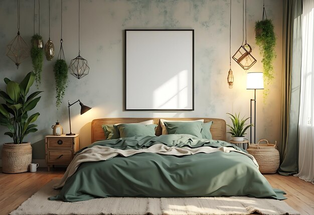 Vector a framed picture hangs above a bed with a green blanket on it