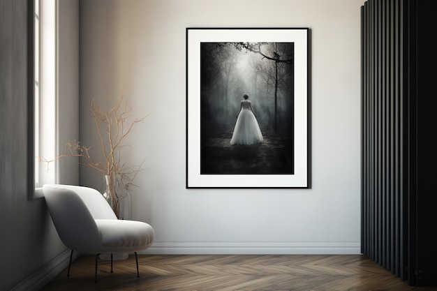 Vector a framed picture of a woman in a white dress on a wall