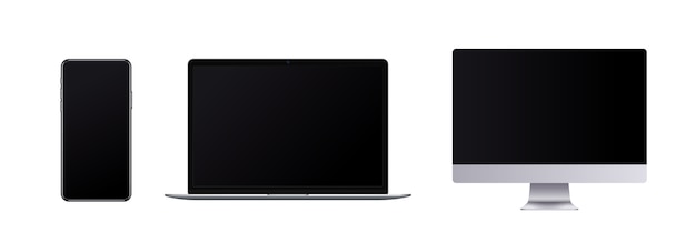 Frameless device set, realistic mobile phone, laptop and computer with blank screen in modern style.