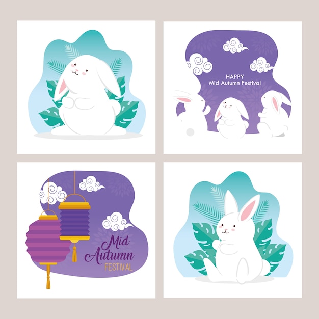 Frames with rabbits and lanterns design, Happy mid autumn harvest festival oriental chinese and celebration theme