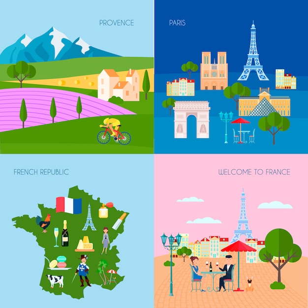 France concept icons set with Provence and Paris symbols flat isolated vector illustration