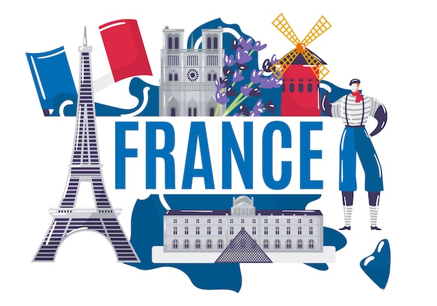 France country research concept world european french stereotype eiffel tower mim flat vector illust...