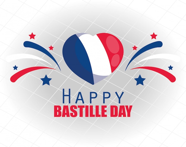 France flag heart with fireworks of happy bastille day design