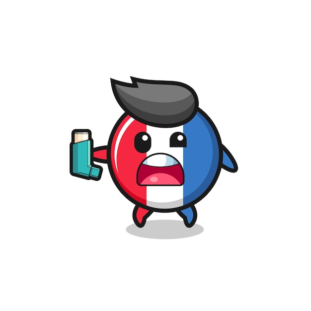 France flag mascot having asthma while holding the inhaler , cute design