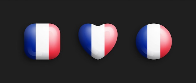 France Official National Flag 3D Vector Glossy Icons Isolated On Background