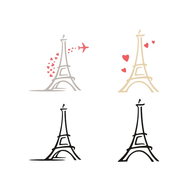 France Paris Eiffel Tower with Heart Love Plane Travel Logo design inspiration