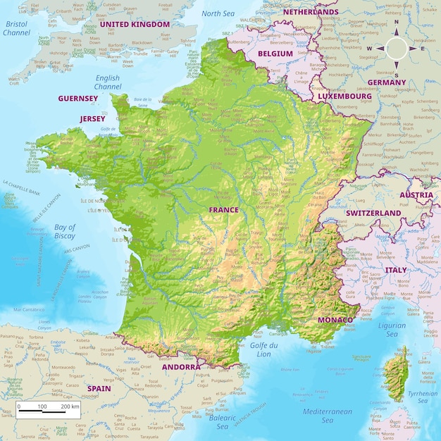 Vector france physical map with national borders rivers and lakes mountains parks labeling