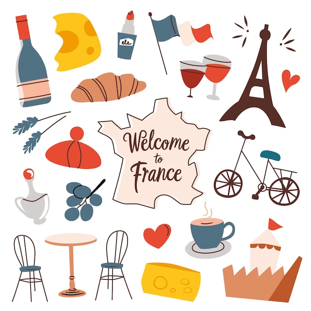 Vector france symbols collection welcome to france lettering country map eiffel tower croissant cafe icons