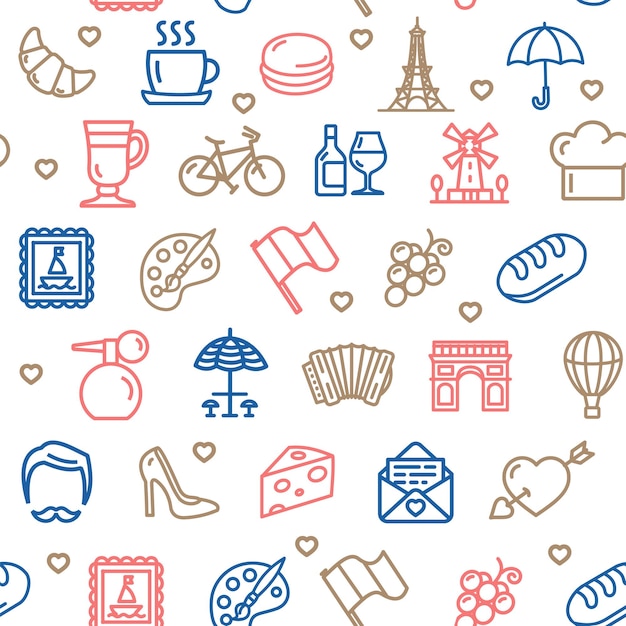 France Travel Seamless Pattern Background on a White Vector