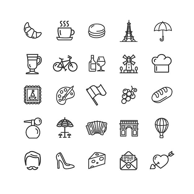 France Travel Signs Color Thin Line Icon Set Vector