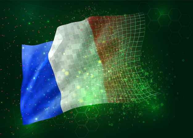 France, vector 3d flag on green background with polygons and data numbers