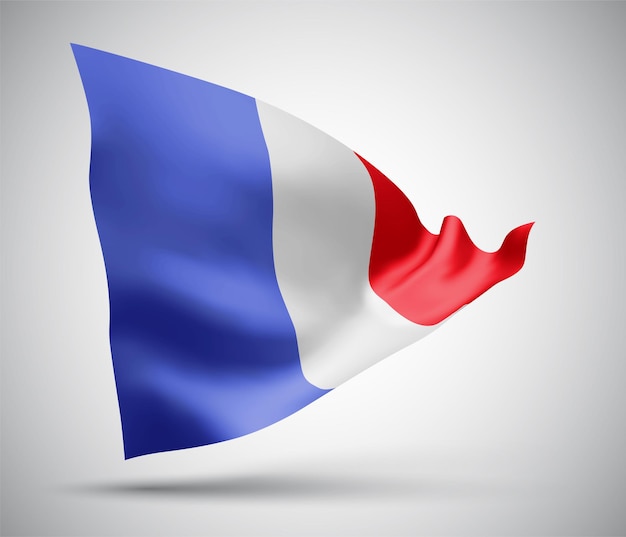 France, vector flag with waves and bends waving in the wind on a white background.