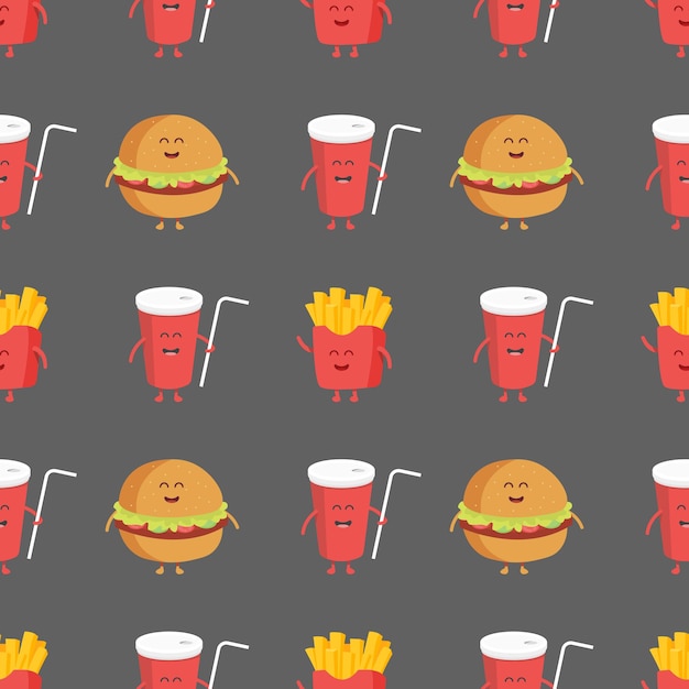 Franch fries, burger and cola seamless pattern. Template for kids menu restaurant. Vector illustration.