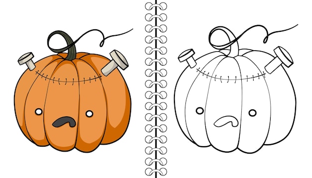 Frankenstein Pumpkin Coloring book outline and doodle cute pumpkin characters.