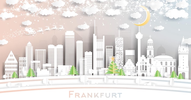 Frankfurt Germany City Skyline in Paper Cut Style with Snowflakes Moon and Neon Garland