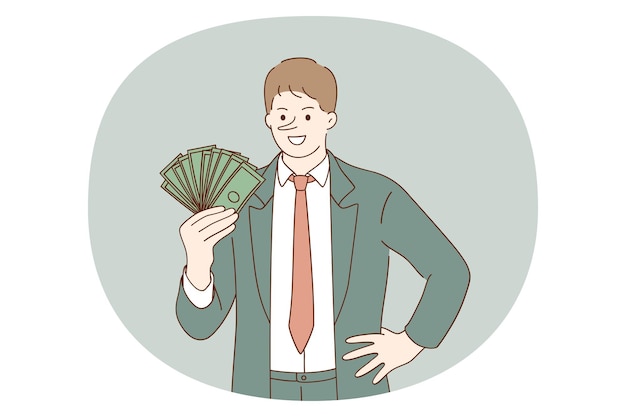 Fraud and taking bribes concept Smiling cheerful man in suit standing holding heap of cash money in hands with very long big nose meaning unfair play vector illustration