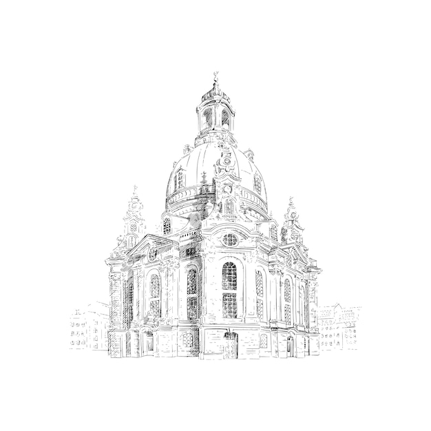 Frauenkirche, Church of our Lady in Dresden, Germany. Black and white drawing sketch.  illustration