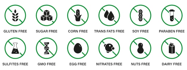 Free Allergen Ingredient Silhouette Black Icon Set Forbidden Symbol of GMO Trans Fat Sugar Soy