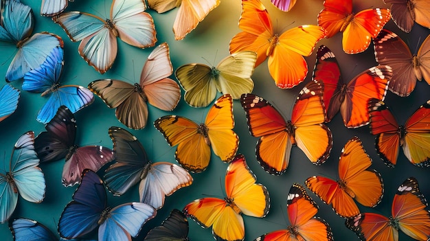 Vector free collection of colors of rainbow pattern of multicolored butterflies morpho texture background