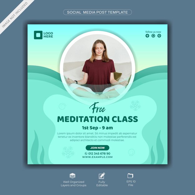 Vector free meditation class social media post template with calm and relaxing design