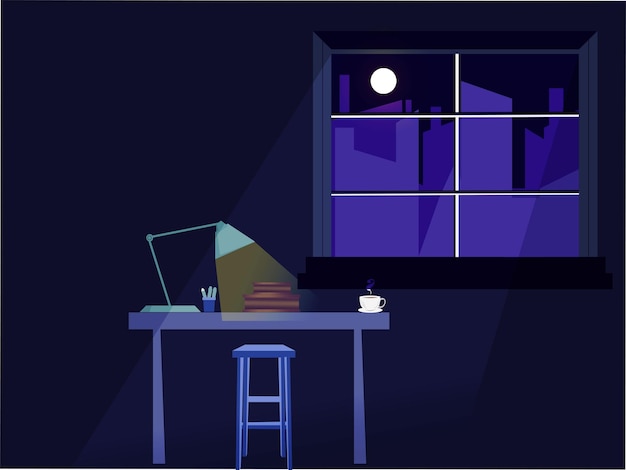 Vector free night room interior illustration with moon light,cartoon room illustration