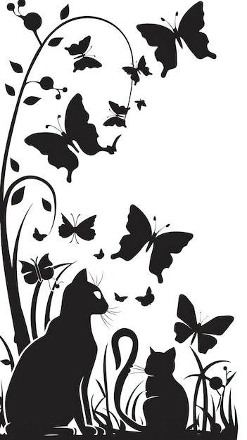 Vector free silhouettes of cats with butterflies vector