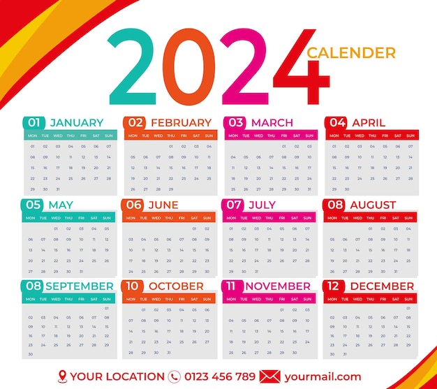 Free vector 2024 office calendar template in modern style monthly calender full year 2024