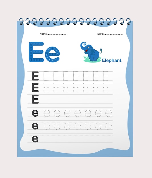 Free vector alphabet E tracing worksheet with illustrations