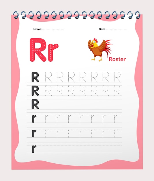 Free vector alphabet R tracing worksheet with illustrations