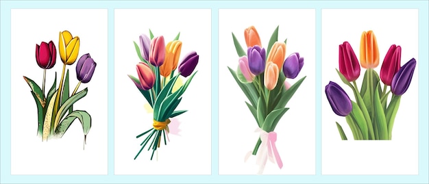 Free vector background with tulips Hand drawn illustration Happy mother's day Spring holiday design template with pink tulip Cute easter set with bunny flowers